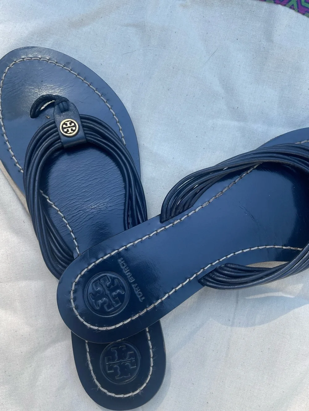 Tory Burch Navy Leather Multi-Strap Thong Sandals
